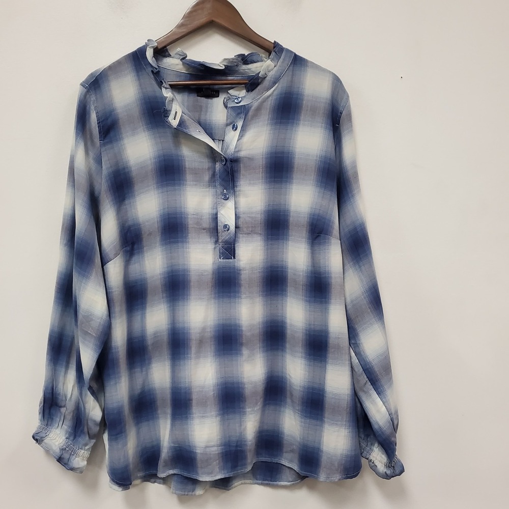 Talbots Womens Long Sleeve 1/4 Button Popover Top Size 2X Blue Plaid Ruffle